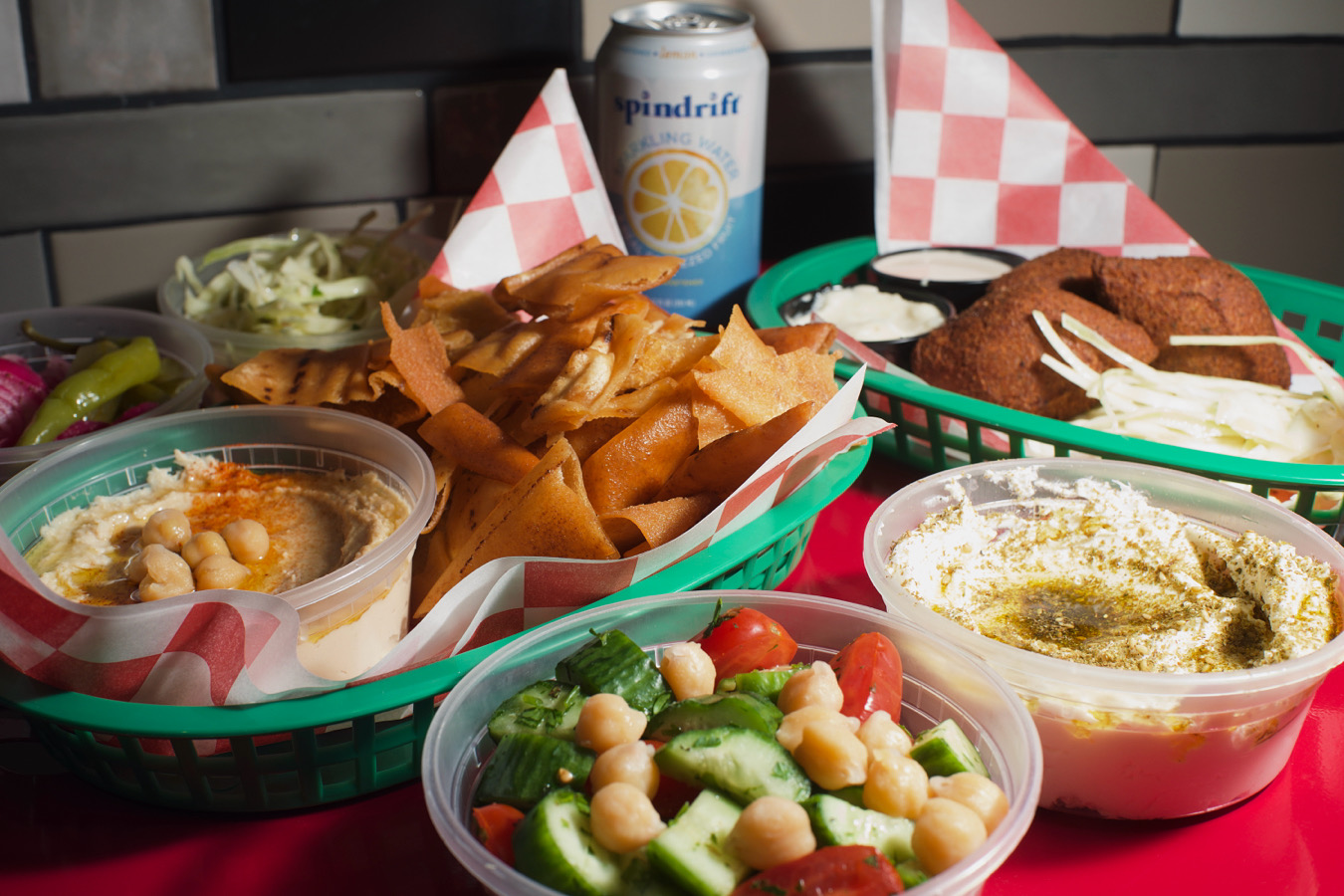 Middle Eastern mezze spread with pita and dips